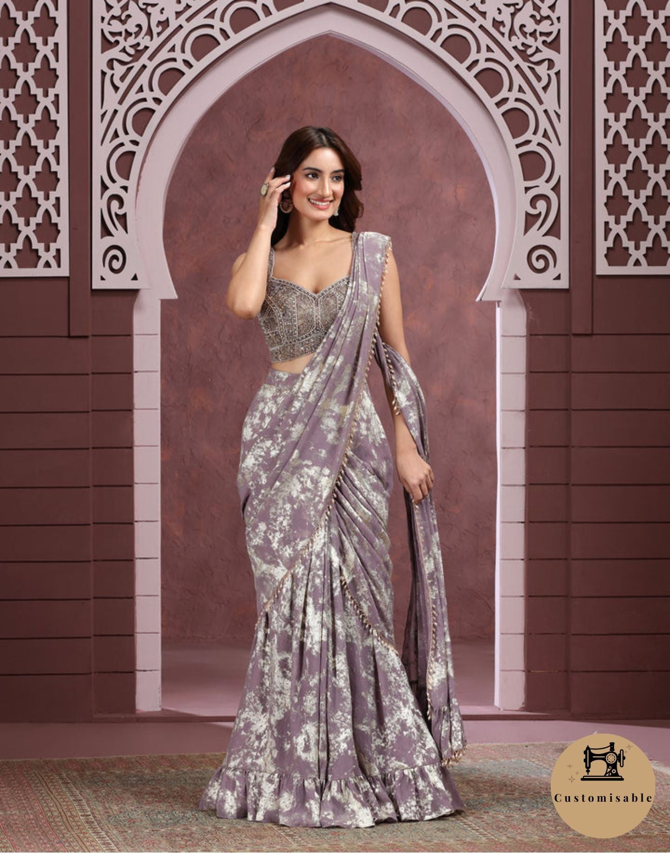 Mauve Marble Foil Printed Pre-Stitched Saree With Embellished Blouse