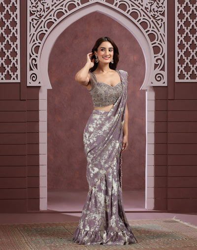 Mauve Marble Foil Printed Pre-Stitched Saree With Embellished Blouse