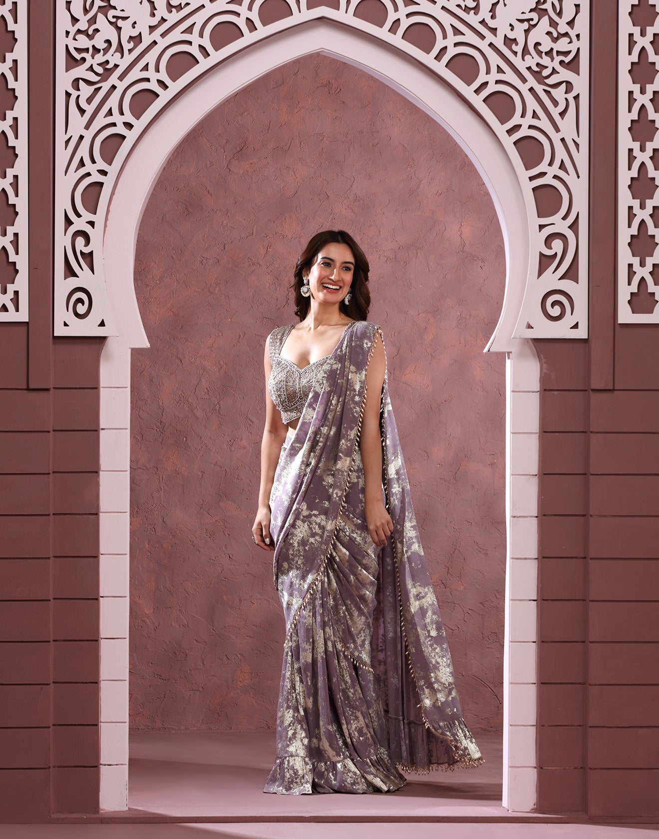 Mauve Marble Foil Printed Pre-Stitched Saree With Embellished Blouse