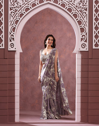 Mauve Marble Foil Printed Pre-Stitched Saree With Embellished Blouse