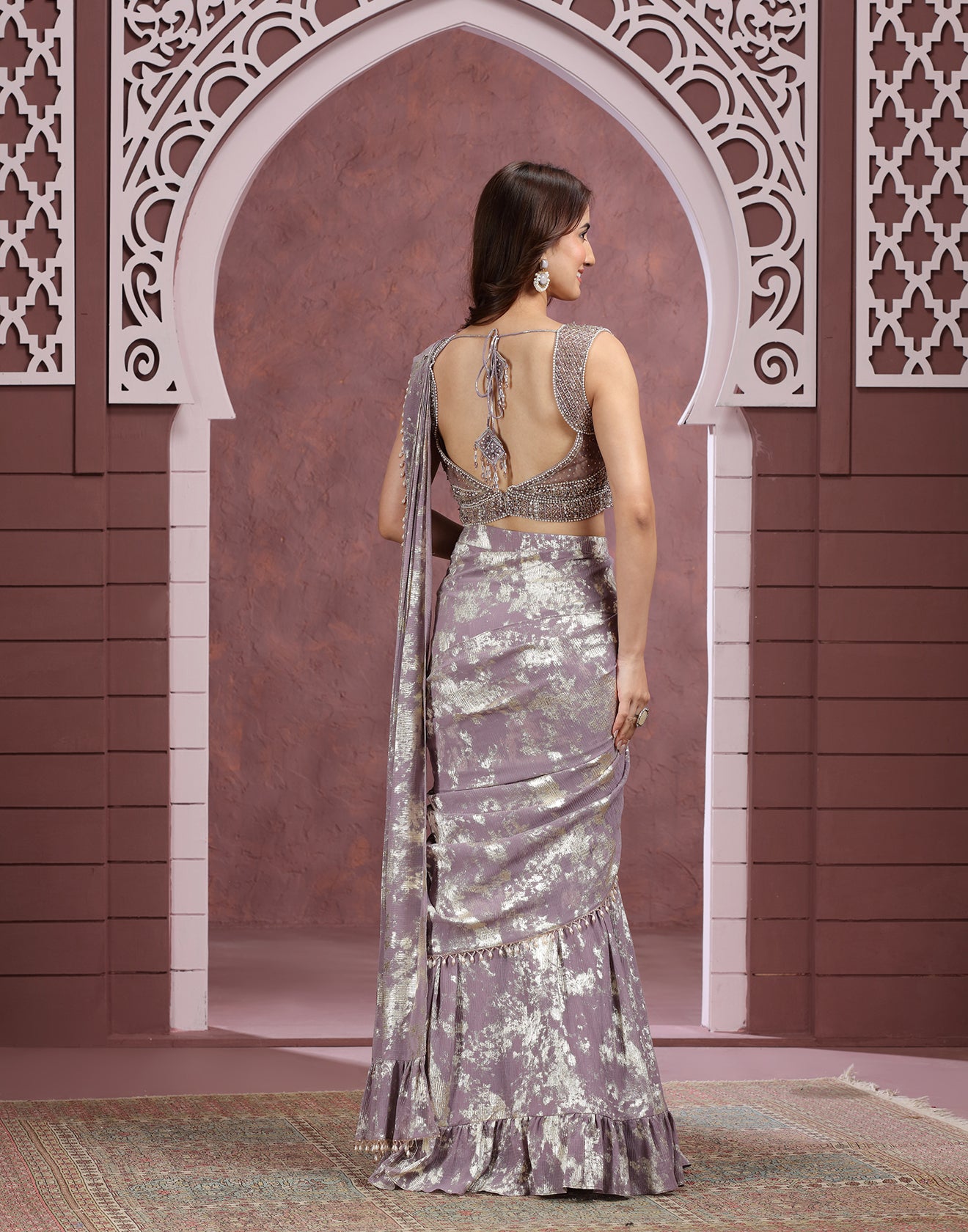 Mauve Marble Foil Printed Pre-Stitched Saree With Embellished Blouse