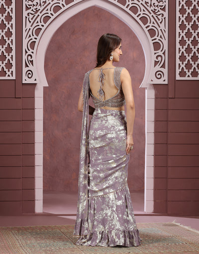 Mauve Marble Foil Printed Pre-Stitched Saree With Embellished Blouse