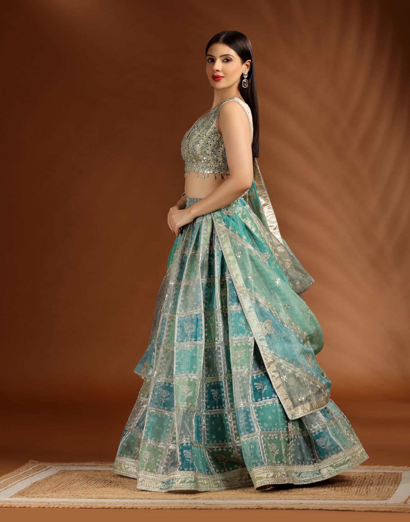 Meadow Sage Checkered Organza Lehenga Set For Bridesmaid