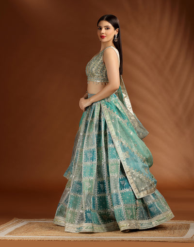Meadow Sage Checkered Organza Lehenga Set For Bridesmaid