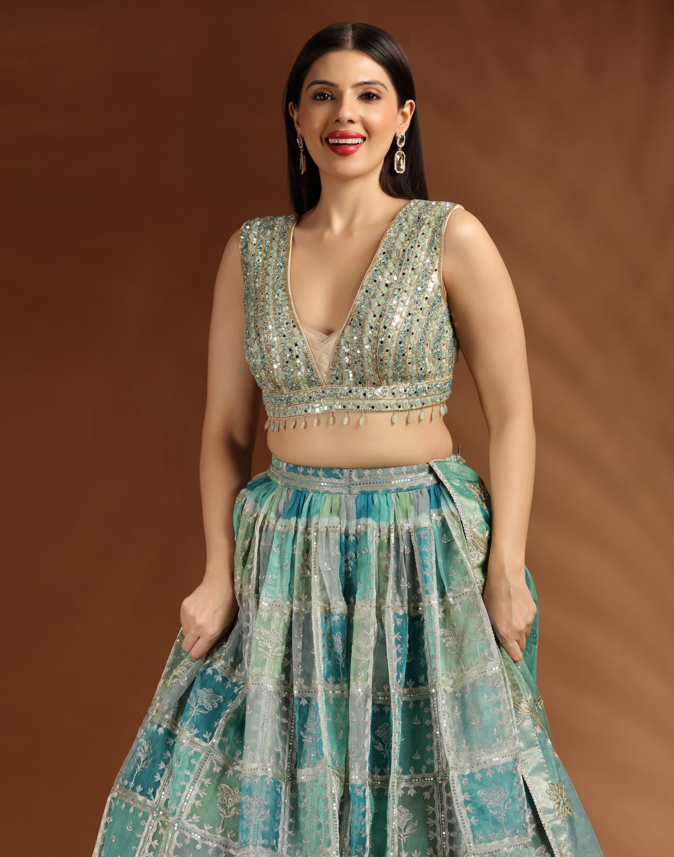Meadow Sage Checkered Organza Lehenga Set For Bridesmaid