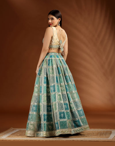 Meadow Sage Checkered Organza Lehenga Set For Bridesmaid