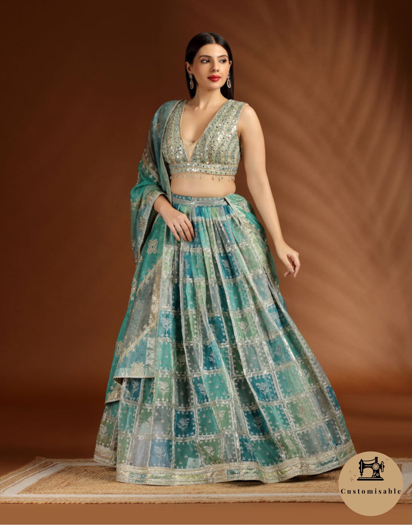 Meadow Sage Checkered Organza Lehenga Set For Bridesmaid