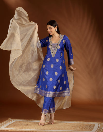 Mehfil Blue Banarasi Straight Cut Suit