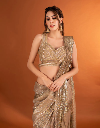 Buy Via East Midas Metallic Gold Saree with Unstitched Blouse online