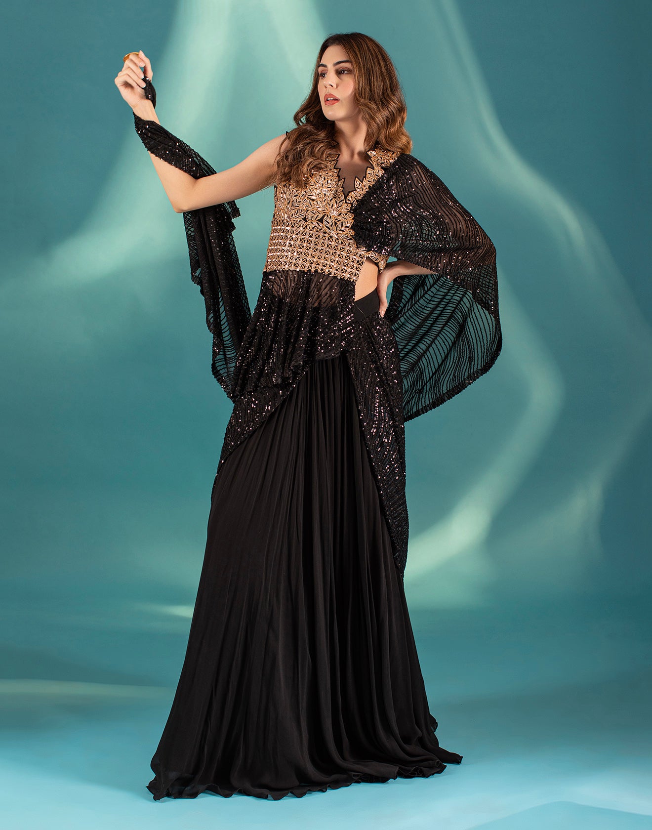 Black Pre-Stitched Saree With Embroidered Blouse