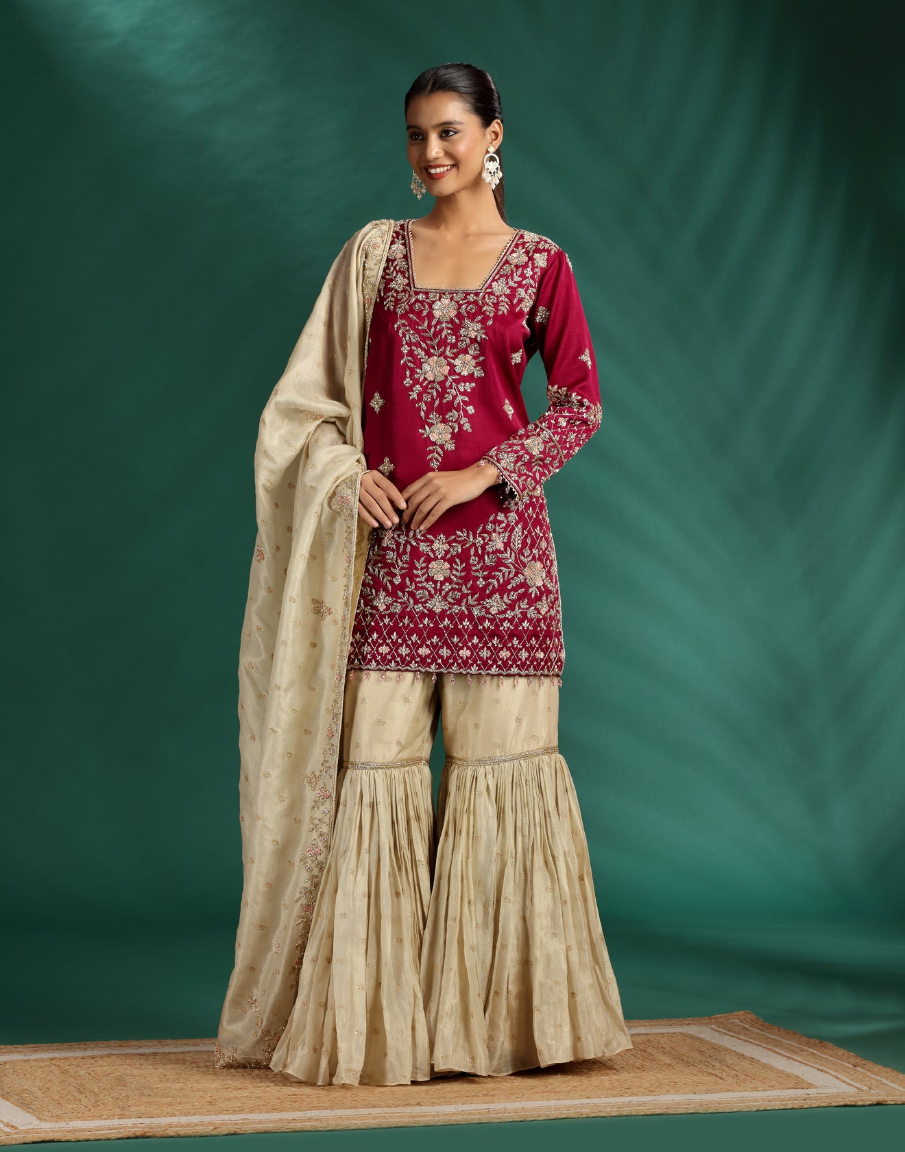 Midnight Merlot Hand Embroidered Wedding Sharara Suit