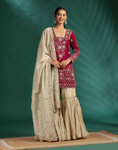 Midnight Merlot Hand Embroidered Wedding Sharara Suit