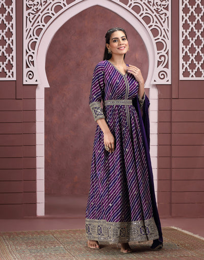 Midnight Purple Leheriya Printed Crepe Anarkali Suit