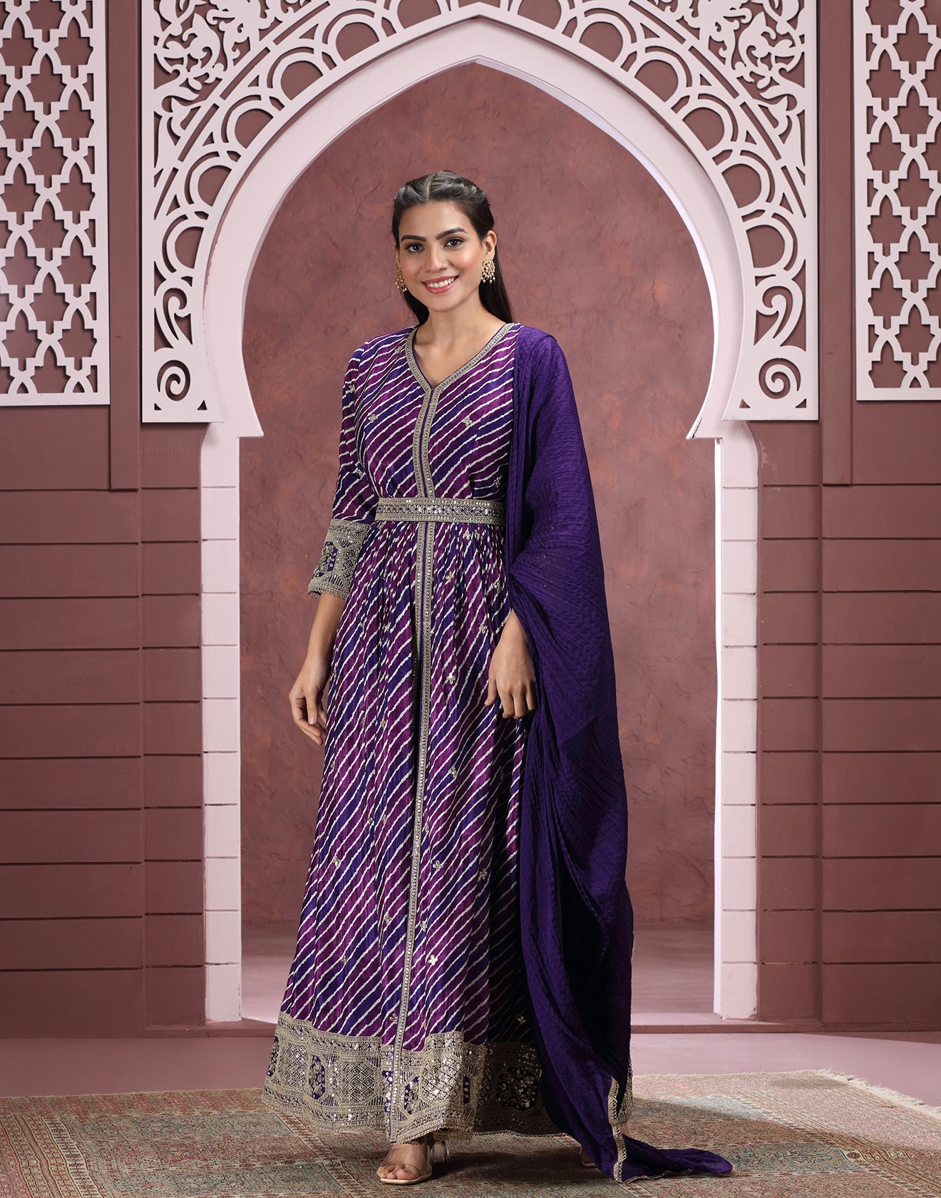 Midnight Purple Leheriya Printed Crepe Anarkali Suit