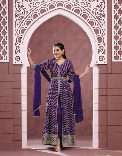 Midnight Purple Leheriya Printed Crepe Anarkali Suit