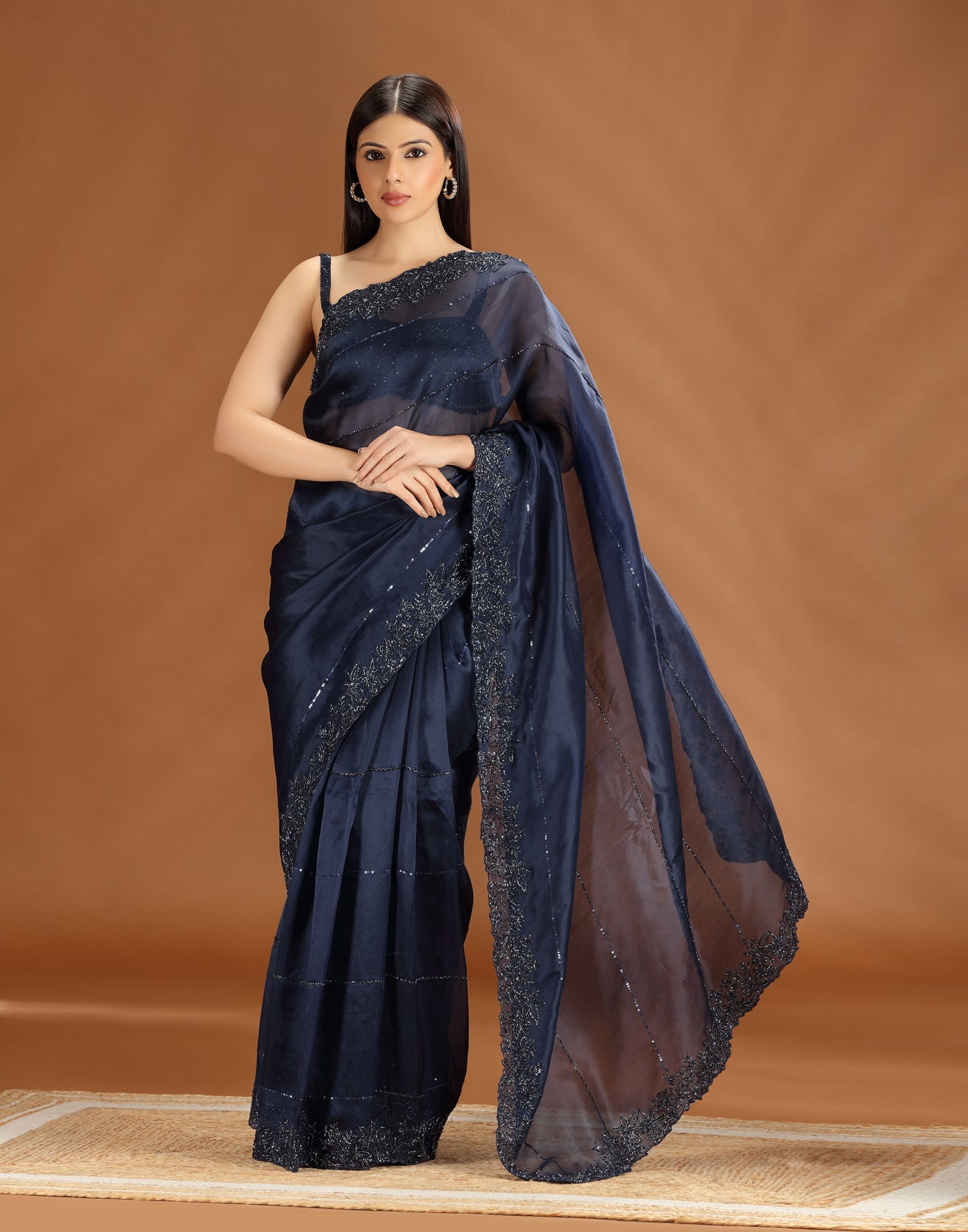 Midnight Soirée Embellished Organza Cocktail Saree With Unstitched Blouse Fabric