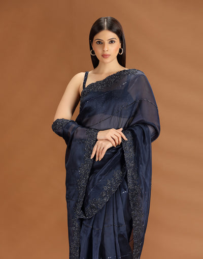 Midnight Soirée Embellished Organza Cocktail Saree With Unstitched Blouse Fabric