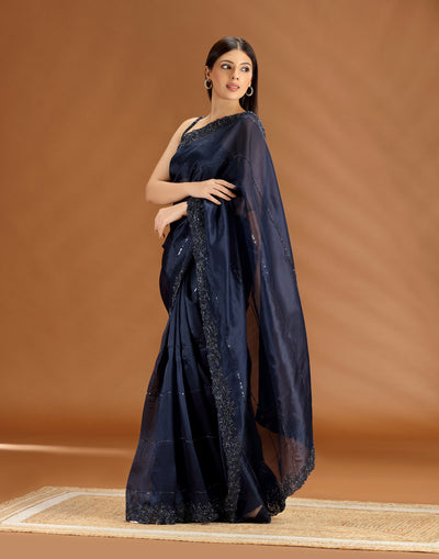 Midnight Soirée Embellished Organza Cocktail Saree With Unstitched Blouse Fabric