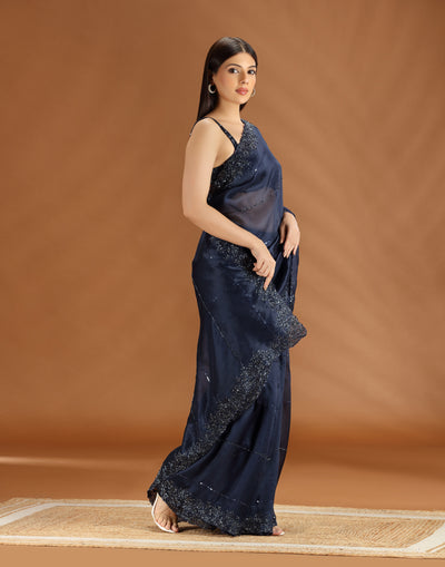 Midnight Soirée Embellished Organza Cocktail Saree With Unstitched Blouse Fabric