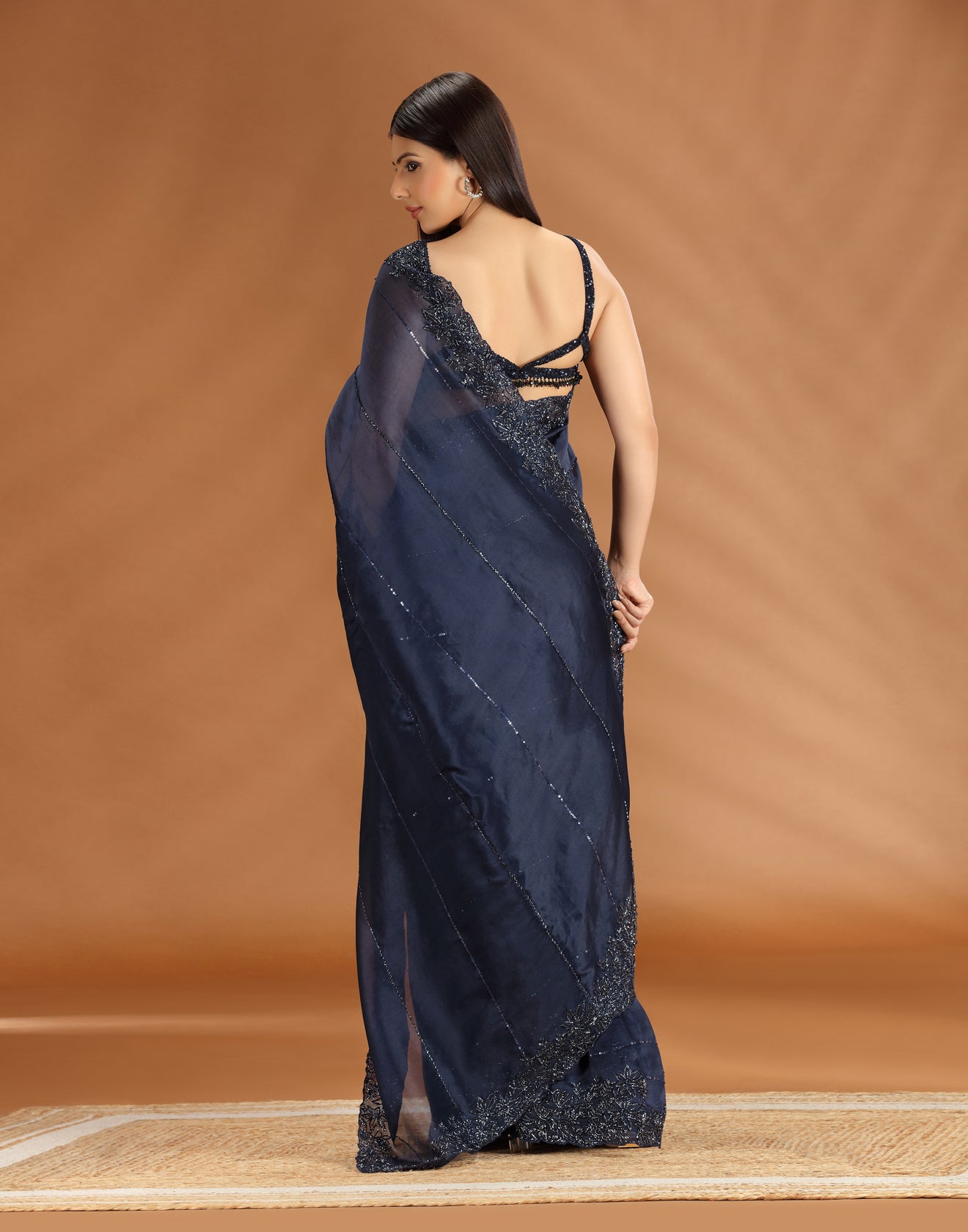 Midnight Soirée Embellished Organza Cocktail Saree With Unstitched Blouse Fabric