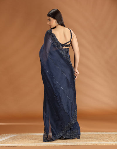 Midnight Soirée Embellished Organza Cocktail Saree With Unstitched Blouse Fabric
