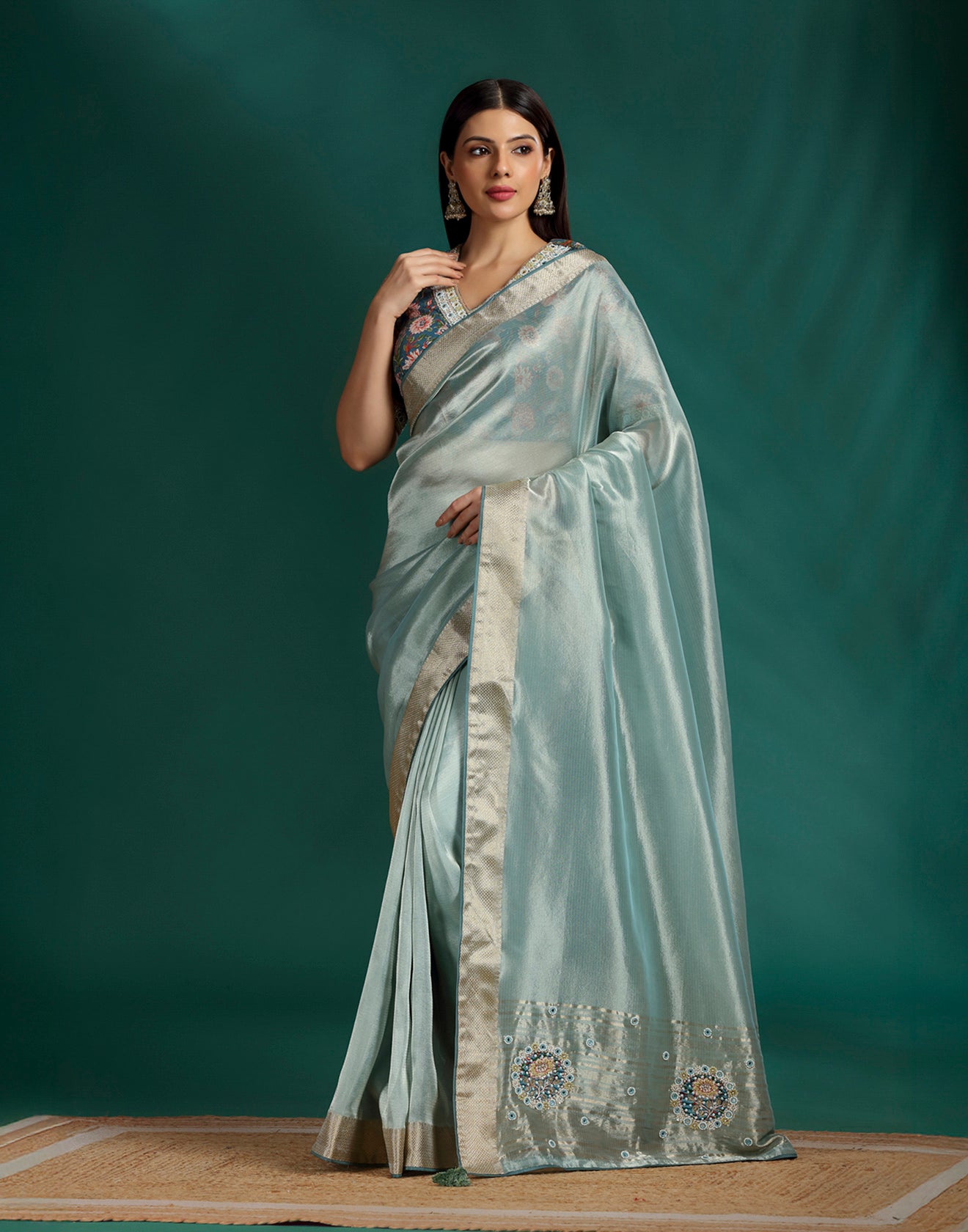 Mint Harmony Tissue Silk Saree With Kalamkari Stitched Blouse