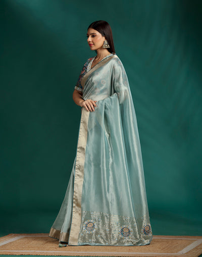 Mint Harmony Tissue Silk Saree With Kalamkari Stitched Blouse