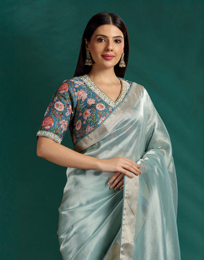 Mint Harmony Tissue Silk Saree With Kalamkari Stitched Blouse
