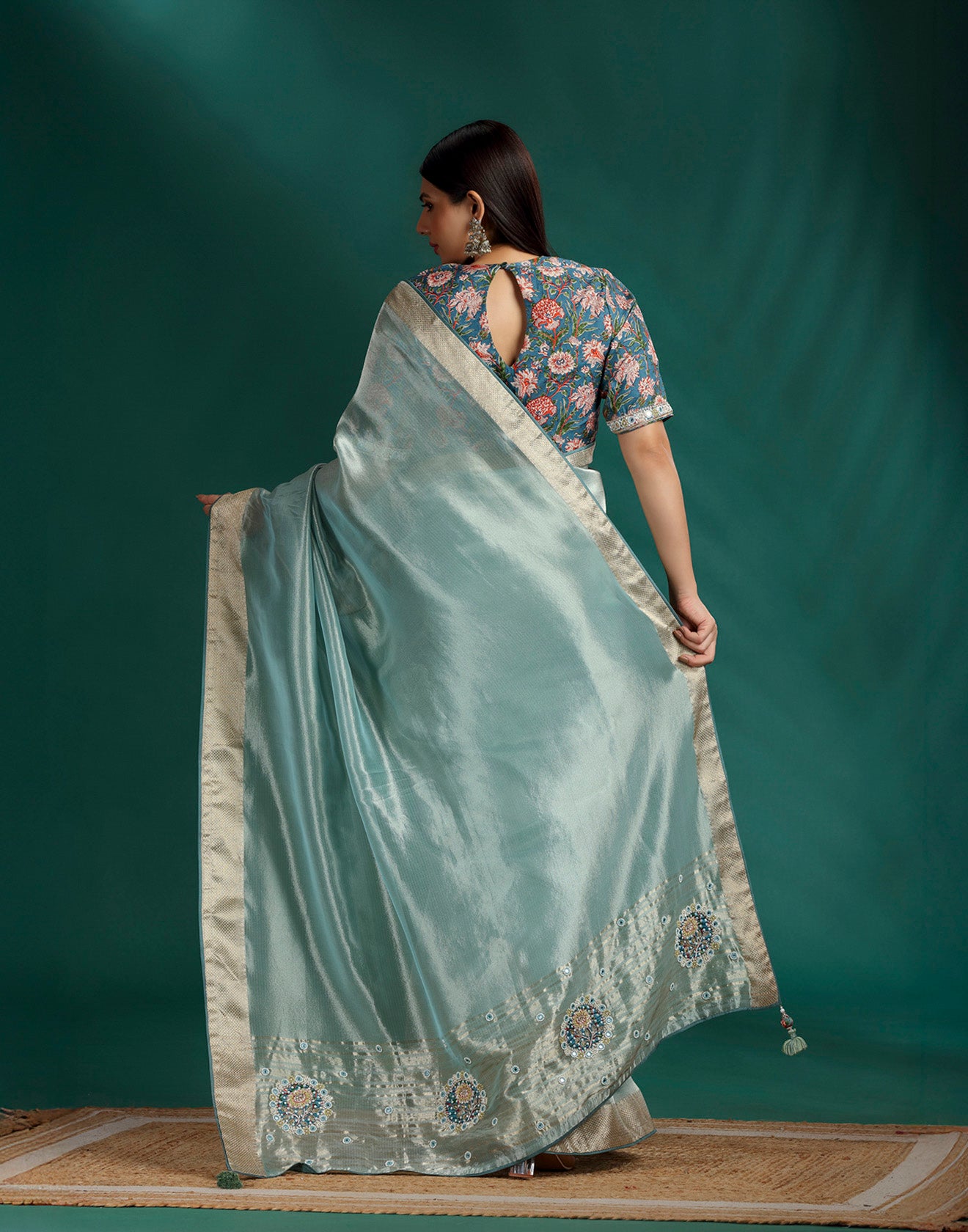 Mint Harmony Tissue Silk Saree With Kalamkari Stitched Blouse