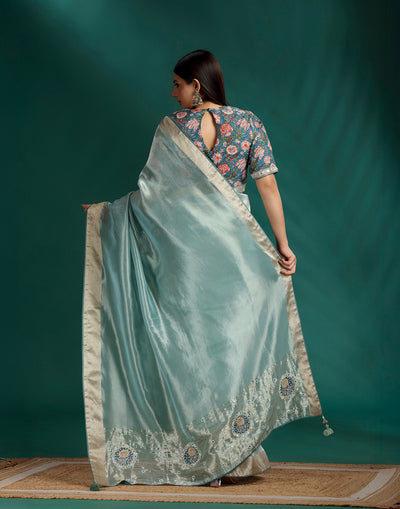 Mint Harmony Tissue Silk Saree With Kalamkari Stitched Blouse