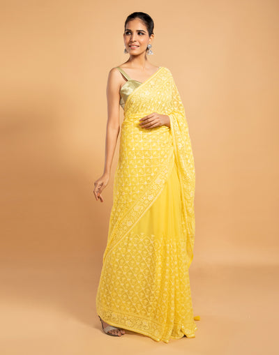 Misted Light Yellow Lucknowi Saree In Sequin Work