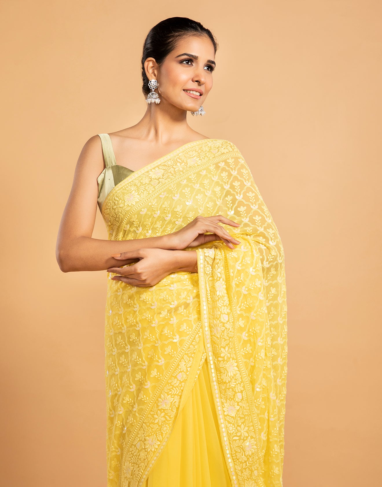 Misted Light Yellow Lucknowi Saree In Sequin Work