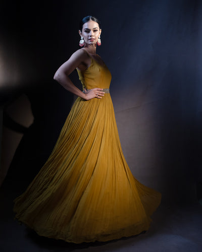 Mustard Yellow Fusion Embellished Gown