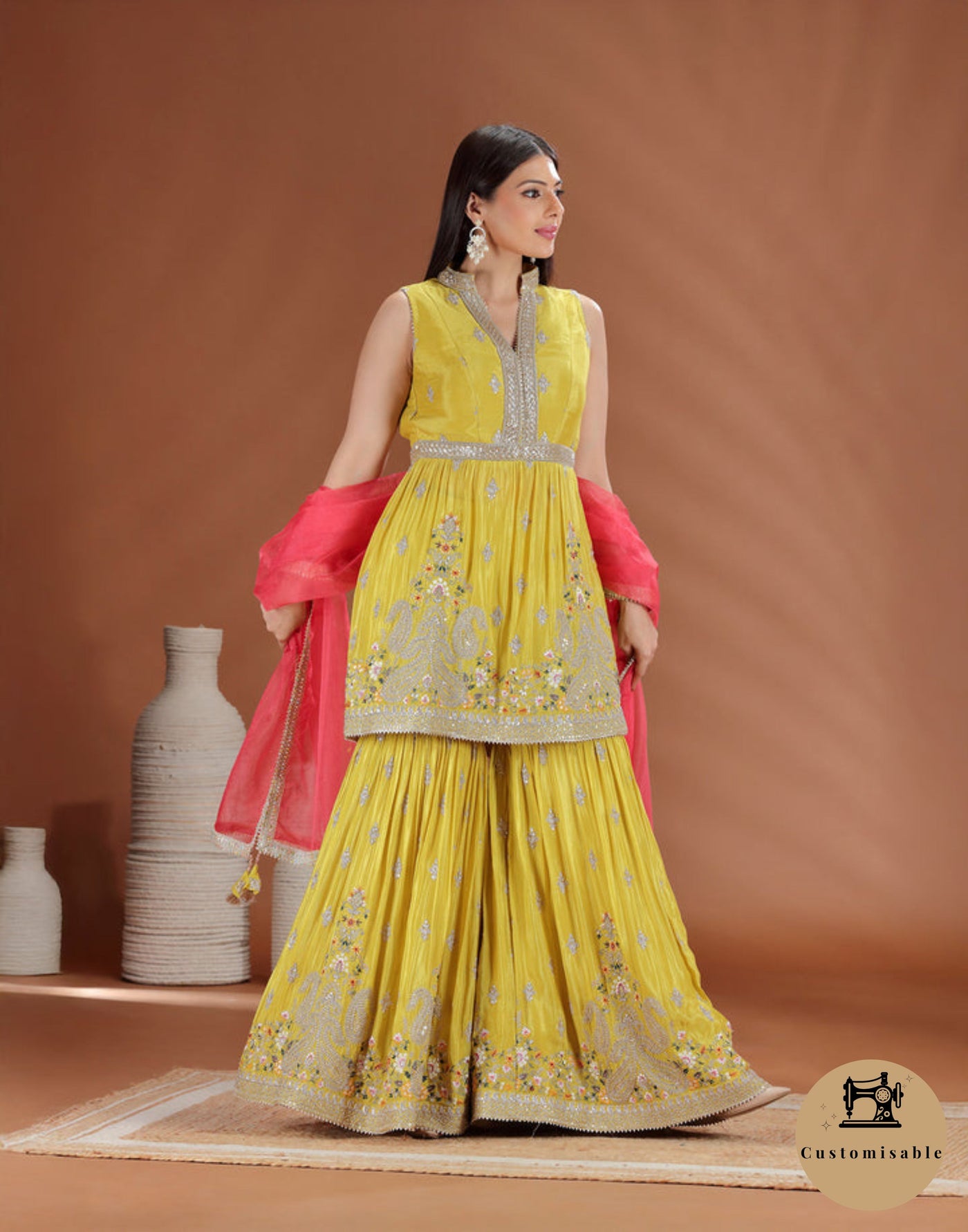 Mustard Majesty Embroidered Sharara Suit For Wedding