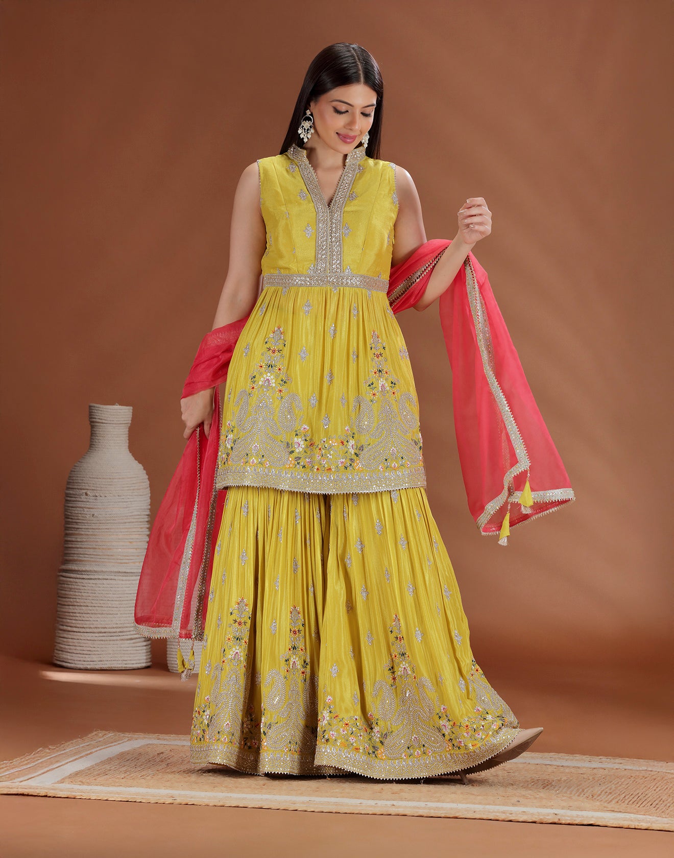 Mustard Majesty Embroidered Sharara Suit For Wedding