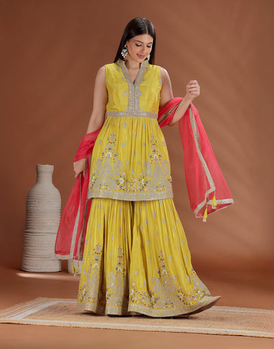 Mustard Majesty Embroidered Sharara Suit For Wedding