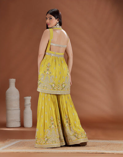 Mustard Majesty Embroidered Sharara Suit For Wedding