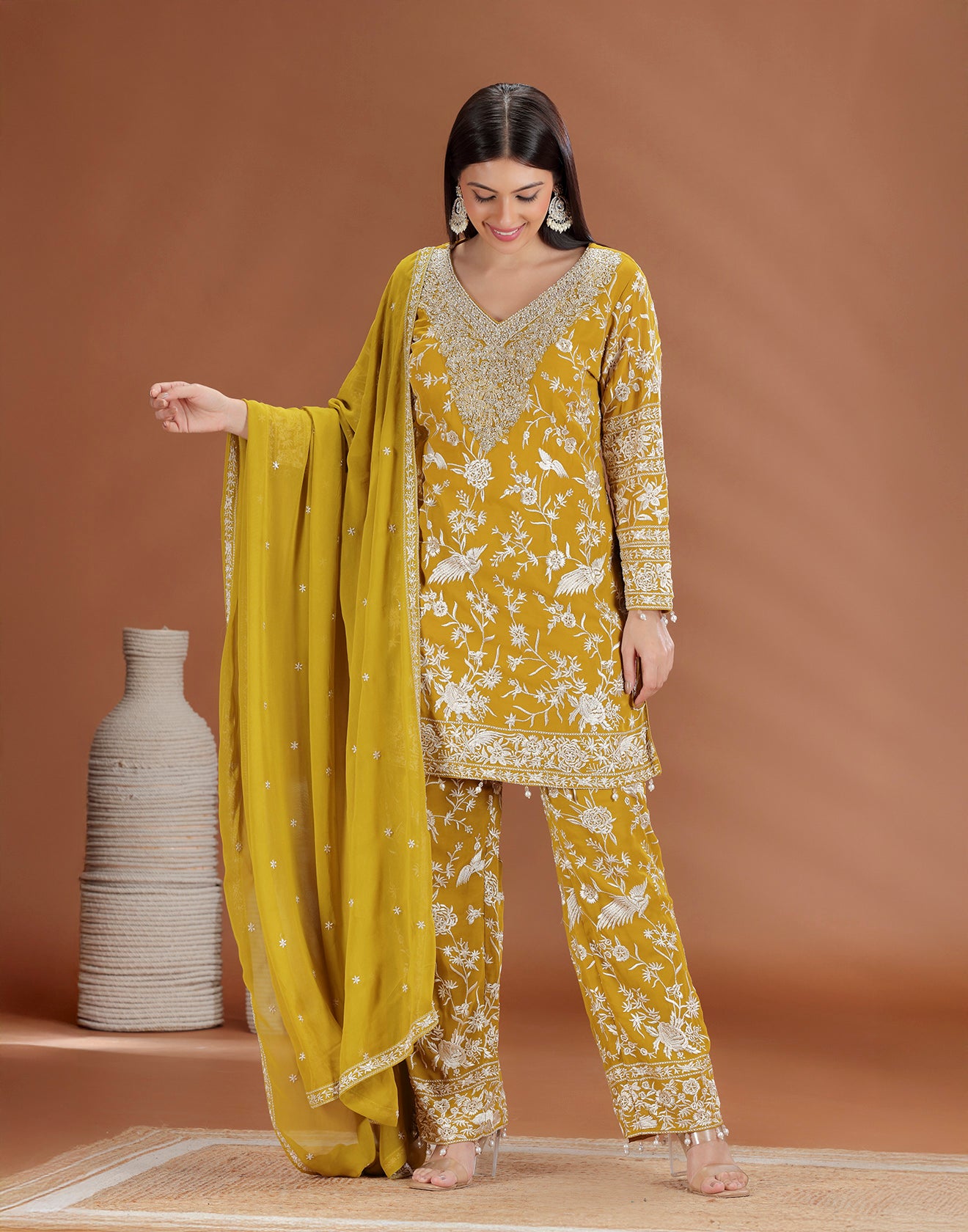 Mustard Mist Resham Embroidered Festive Salwar Suit