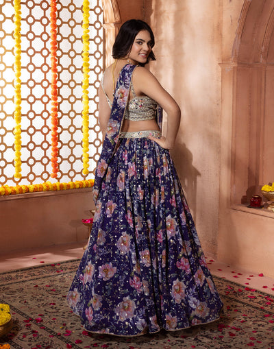 Navy Blue Self Textured Chiffon Printed Lehenga Set