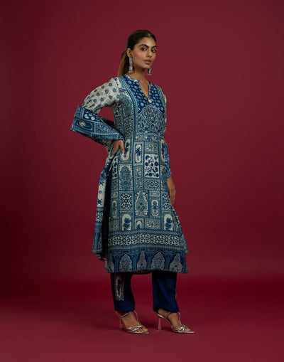 Navy Blue & Beige Mughal Print Kurta Set