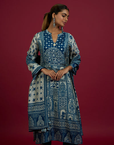 Navy Blue & Beige Mughal Print Kurta Set