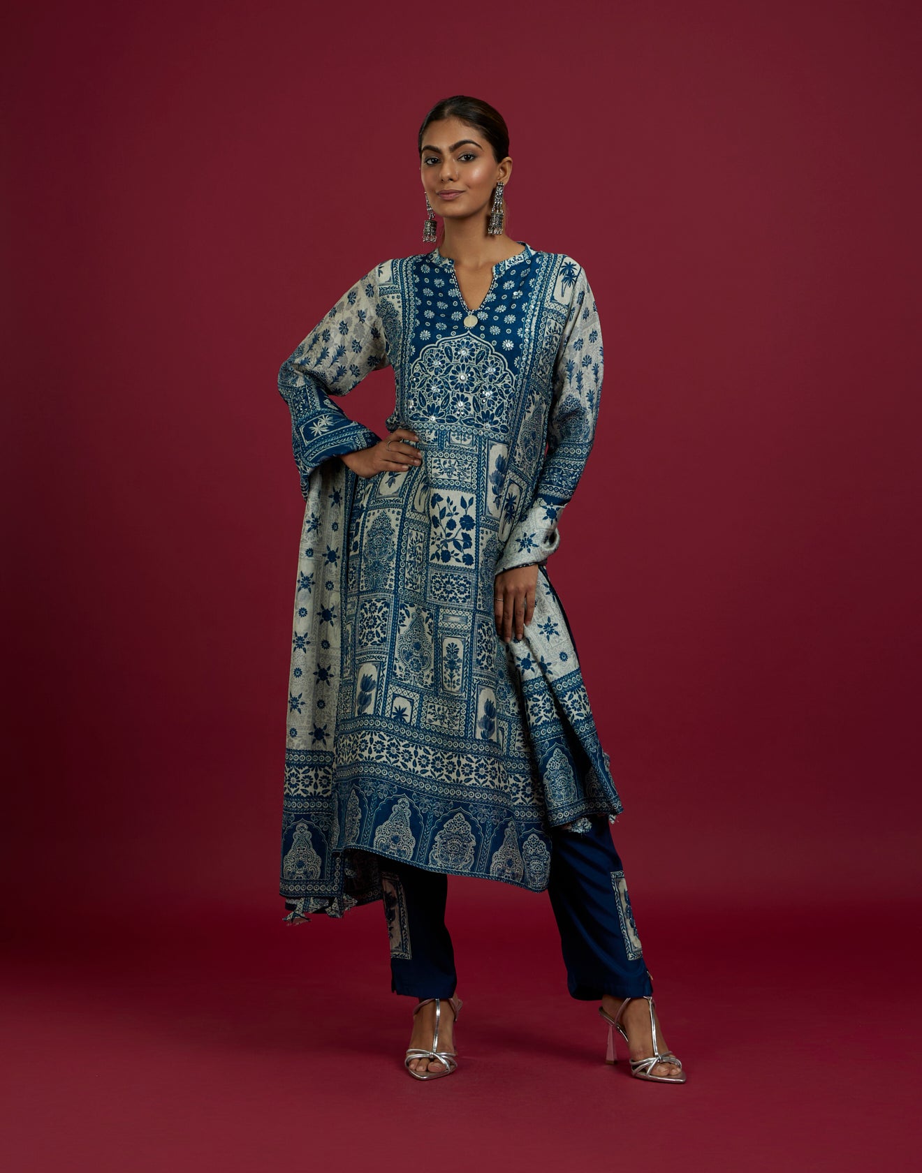 Navy Blue & Beige Mughal Print Kurta Set