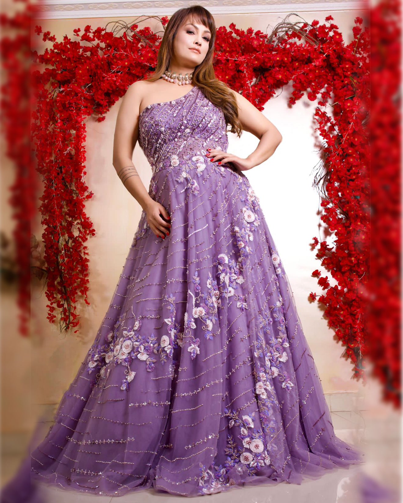 Nisha Rawal In Lavender Purple Embellished Cocktail Gown