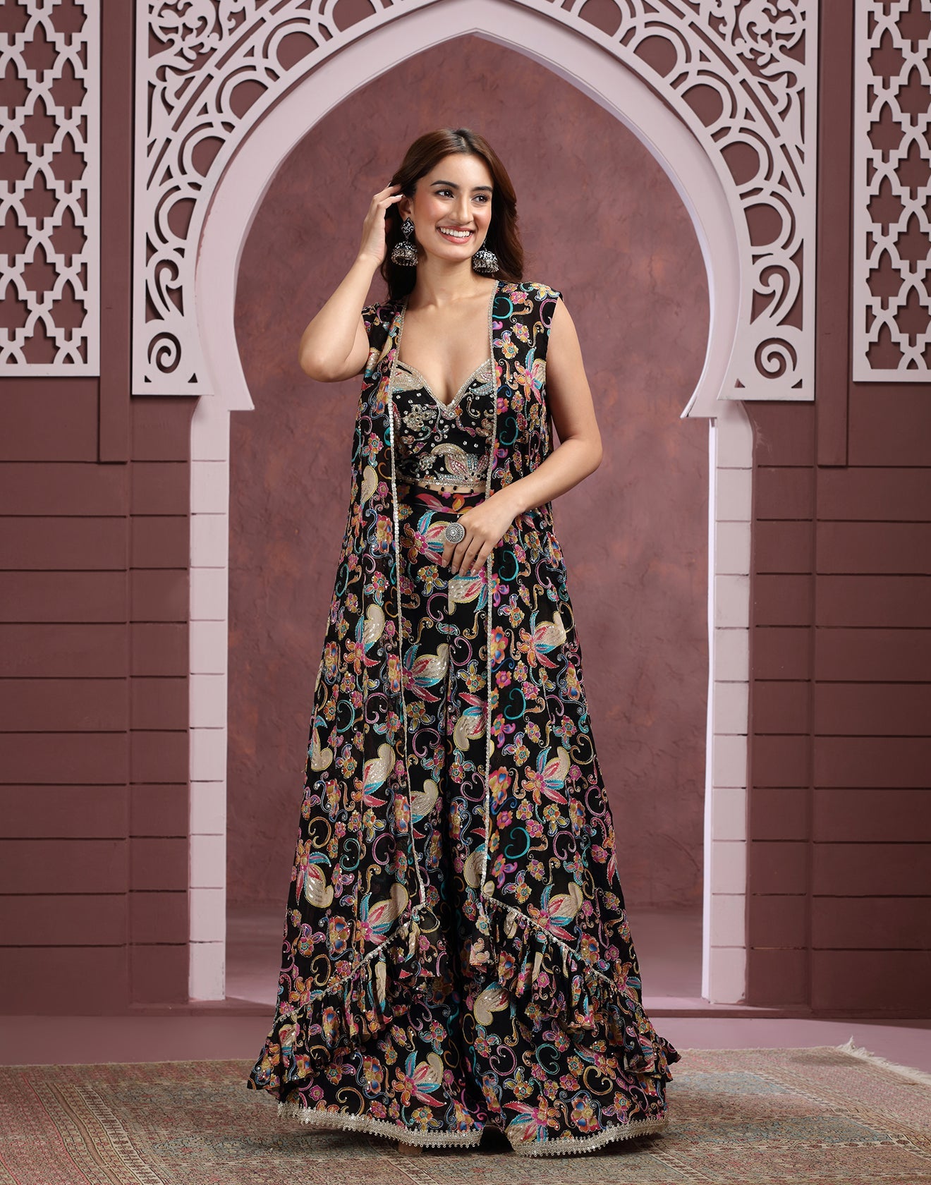 Noir Garden Foil-Printed Georgette Fusion Set