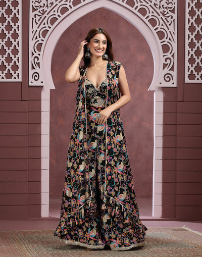 Noir Garden Foil-Printed Georgette Fusion Set