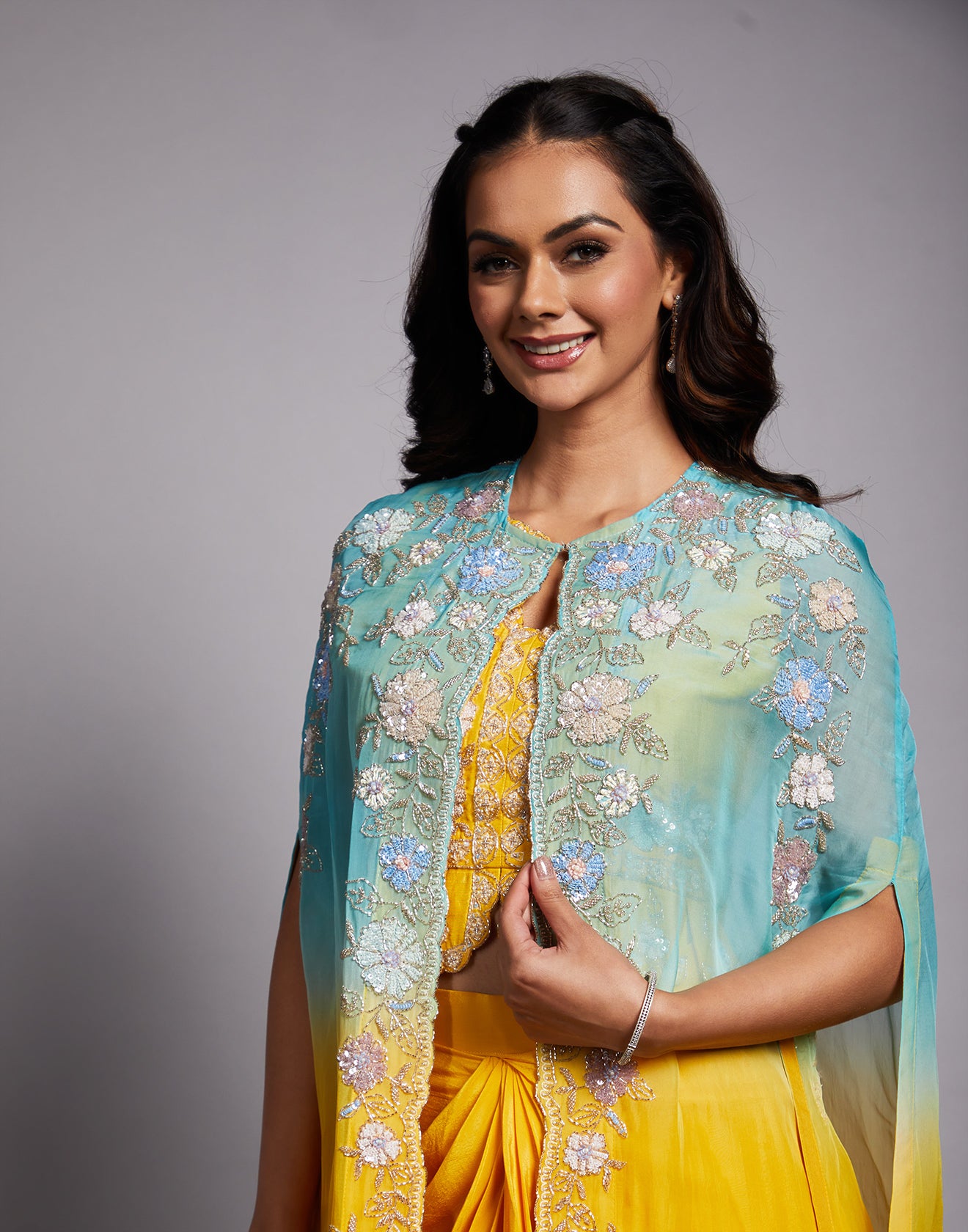 Ocean Blue And Yellow Ombré Embroidered Fusion Set For Haldi