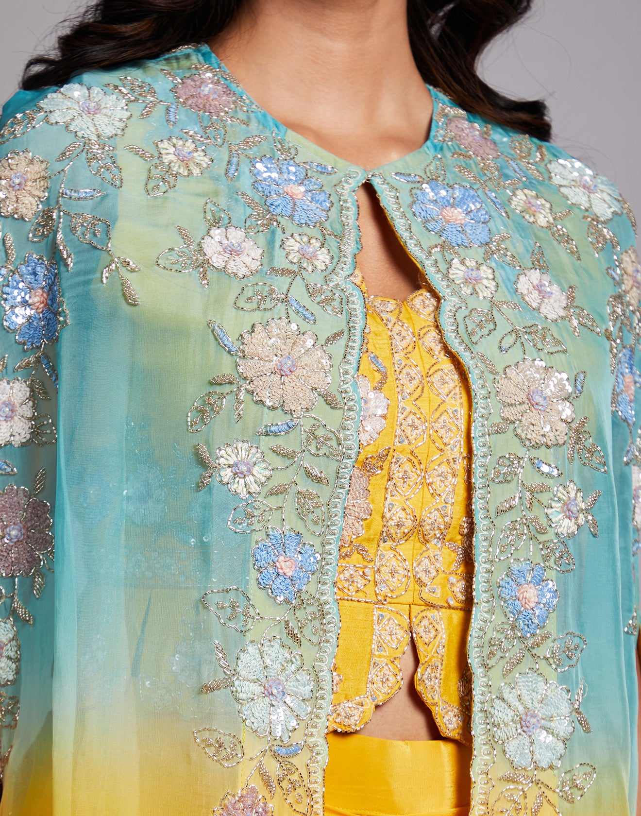 Ocean Blue And Yellow Ombré Embroidered Fusion Set For Haldi