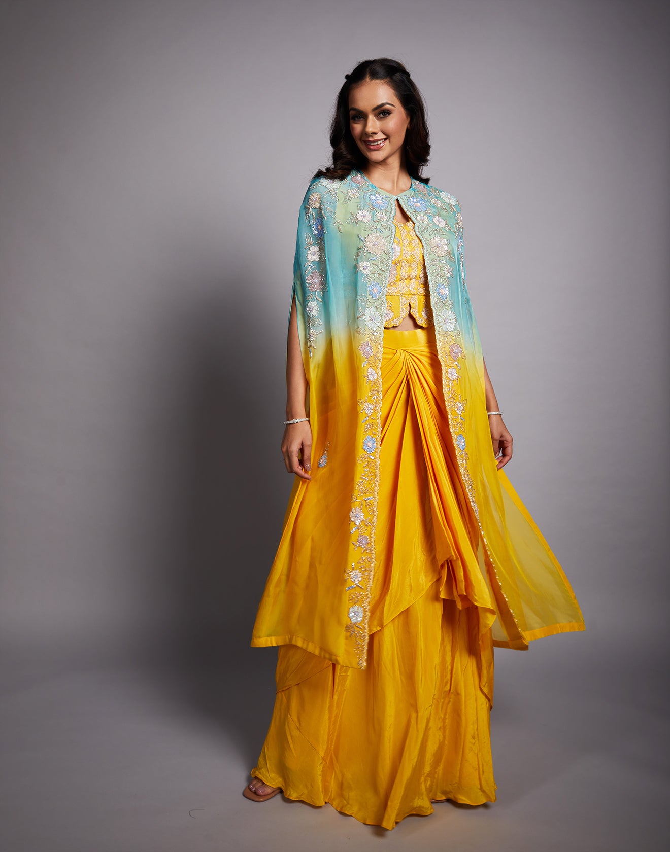 Ocean Blue And Yellow Ombré Embroidered Fusion Set For Haldi