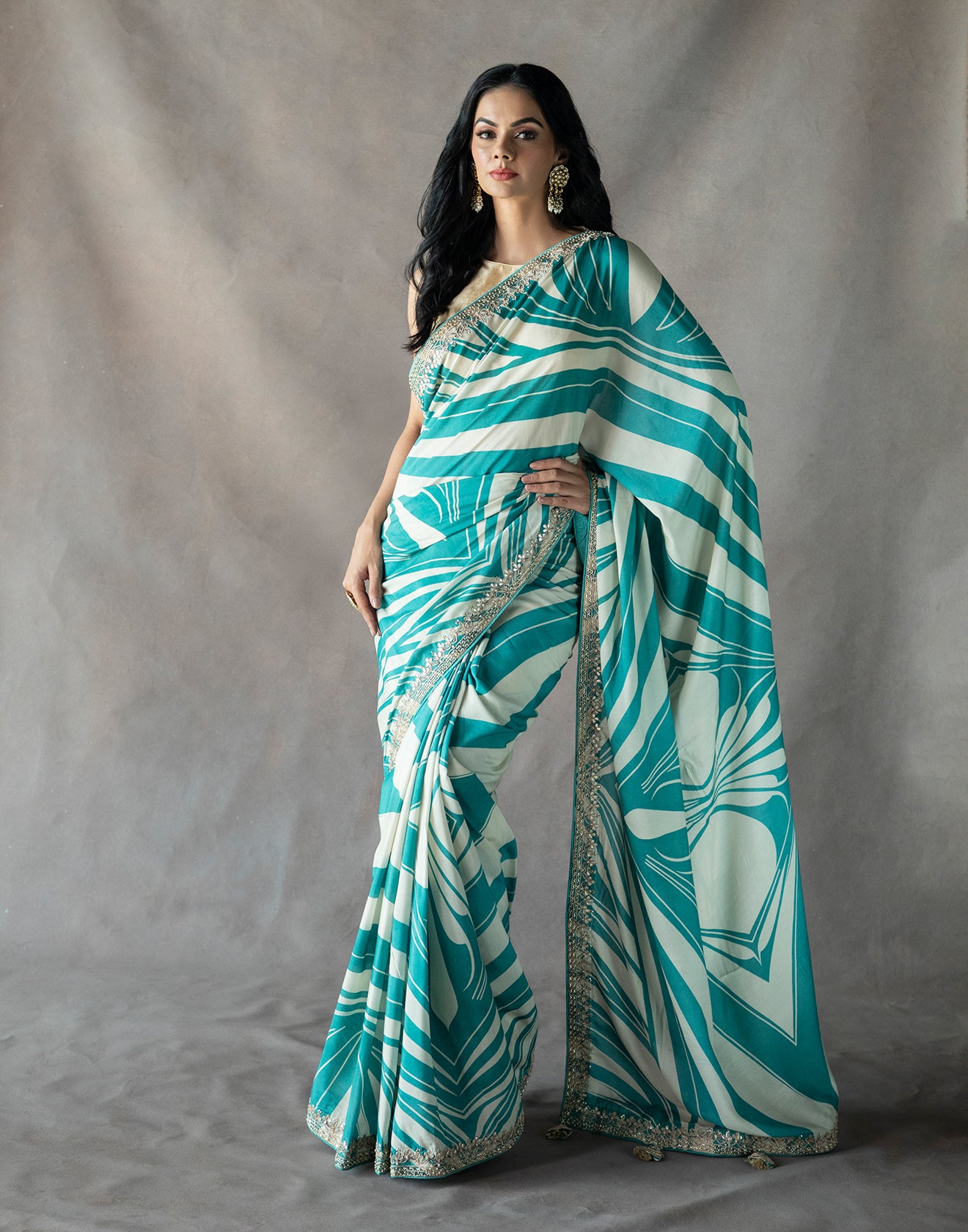 Ocean Blue Printed Saree With Gota Work