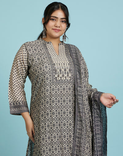 Off-White And Black Ethnic Workwear Kurta Set For Women